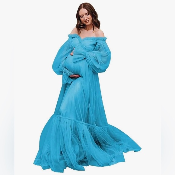 Dresses & Skirts - Elegant Blue Off or On Shoulder Maternity Dress